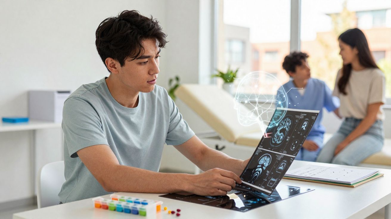 Rapaz analisa imagens de ressonância magnética no consultório, com duas pessoas conversando ao fundo.