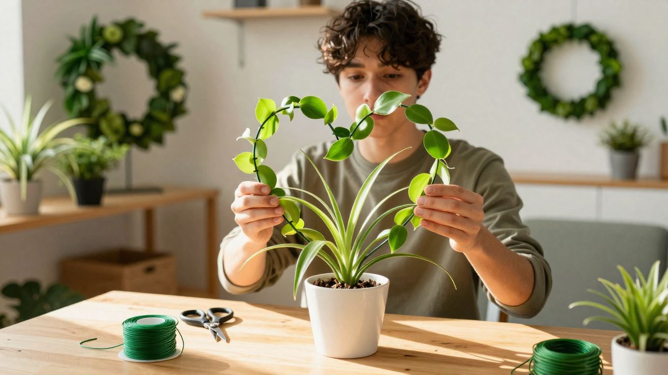 Pessoa a montar uma planta em vaso com suporte circular de folhas verdes numa mesa de madeira.