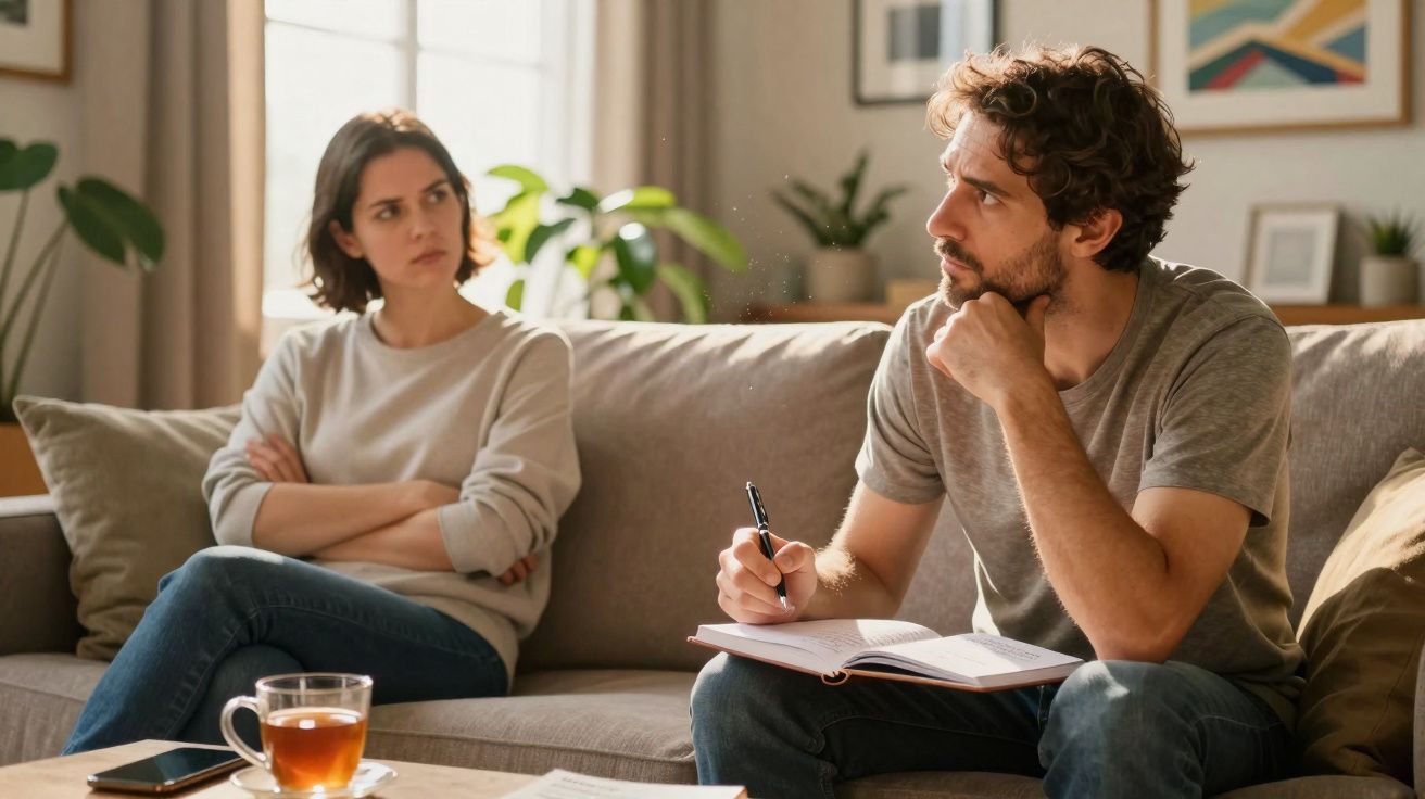 Casal sentado no sofá, mulher com braços cruzados e homem a escrever num caderno, expressão tensa.