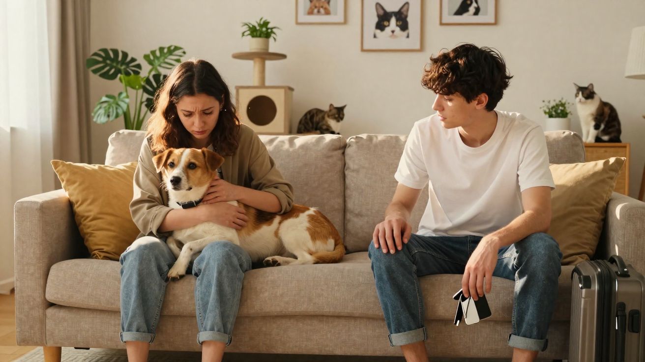 Jovem mulher abraça cão no sofá, enquanto homem a observa, com gatos ao fundo numa sala iluminada.