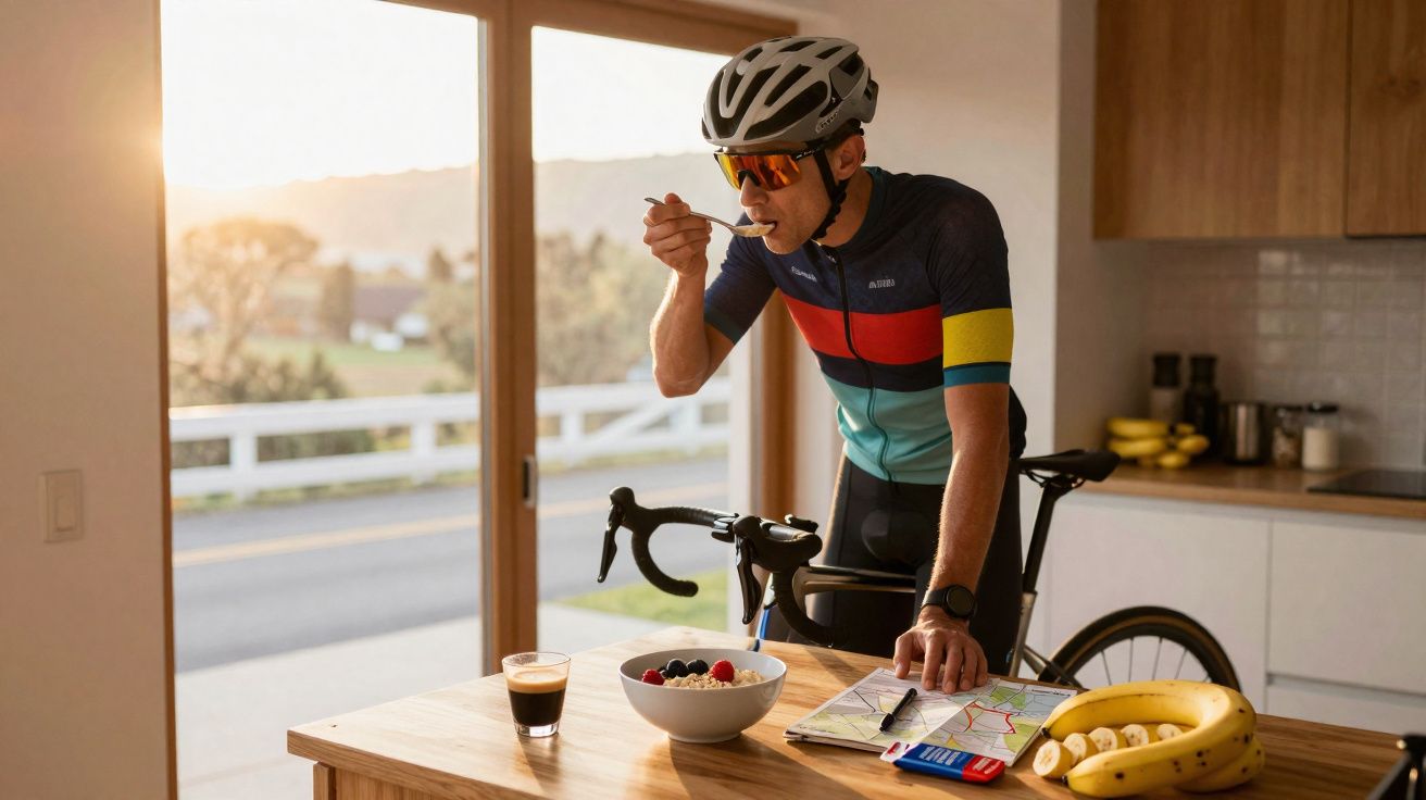 Ciclista de capacete a comer no café da manhã junto à bicicleta e um mapa numa cozinha iluminada.