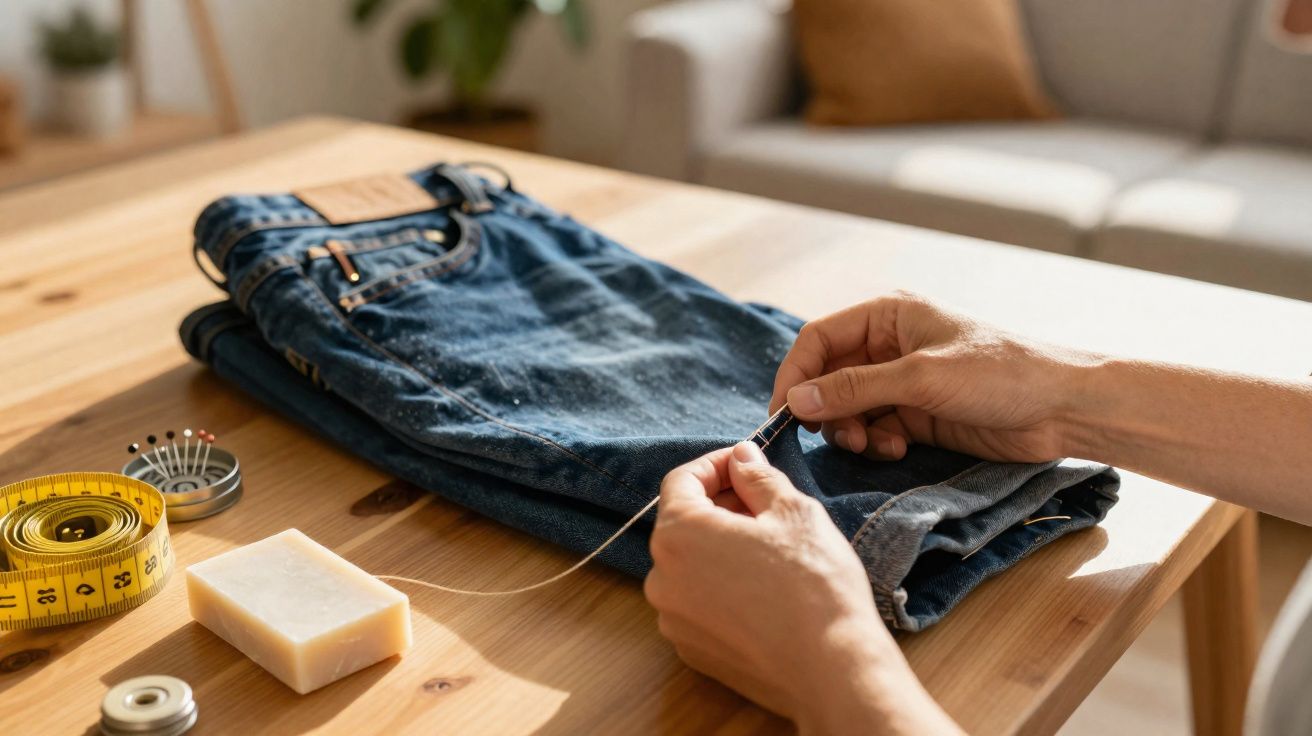 Mãos a coser um botão em calças de ganga dobradas sobre uma mesa de madeira com acessórios de costura.