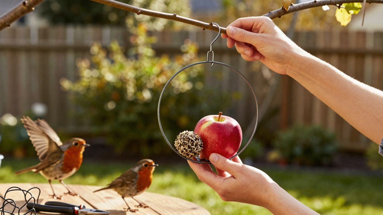 Mãos seguram suporte circular com maçã e bolinha de sementes para pássaros, com dois pássaros vermelhos no jardim.