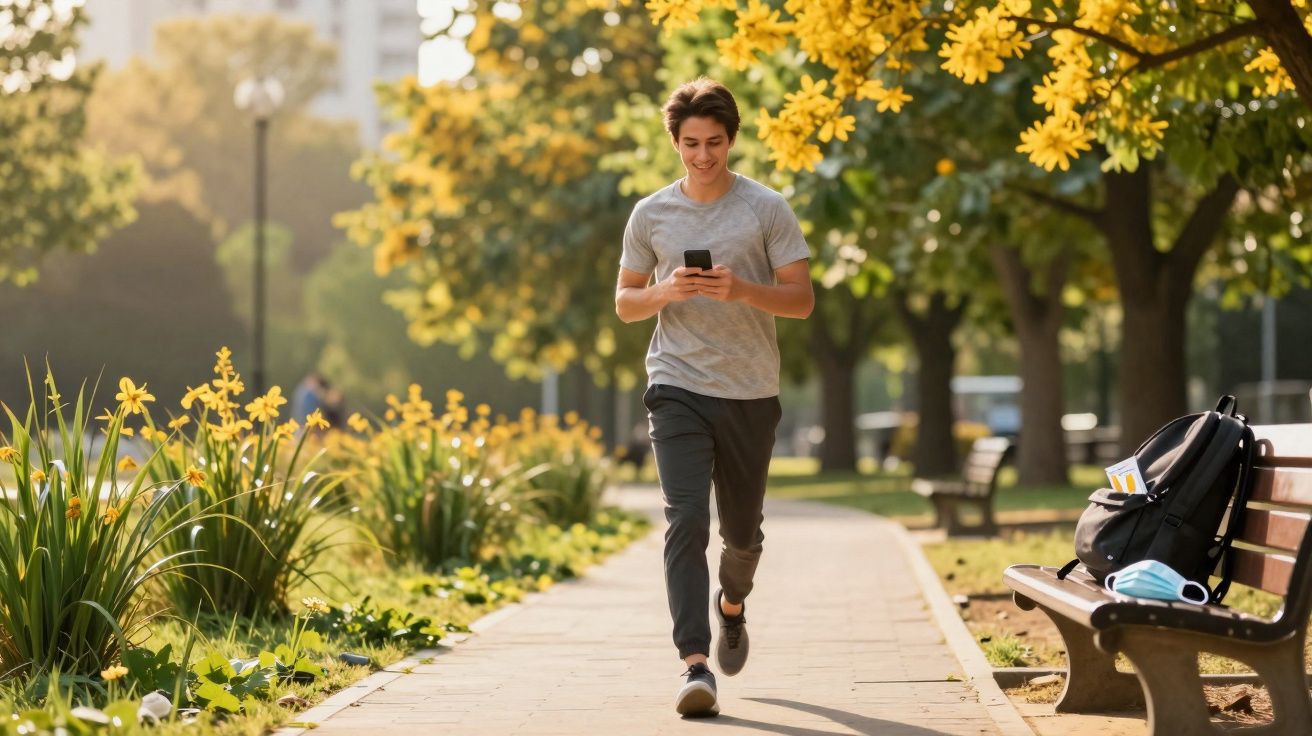 Homem jovem a correr num parque com smartphone na mão e mochila numa bancada ao lado.