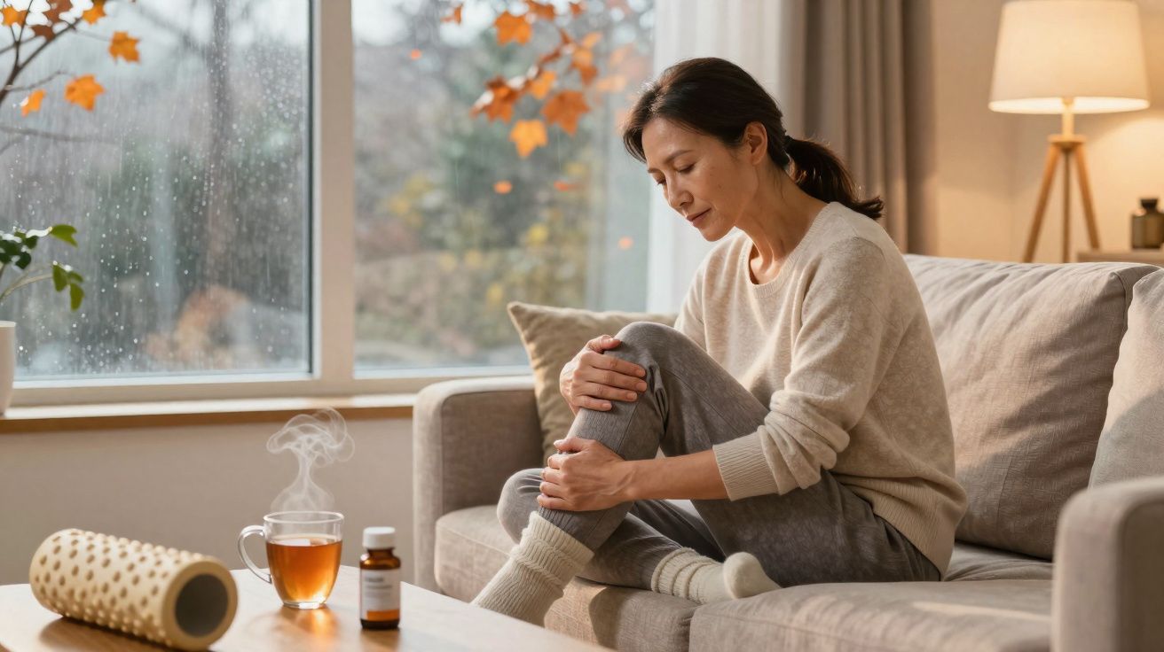 Mulher sentada no sofá a aliviar dor na perna, com chá quente e medicamentos na mesa ao lado.