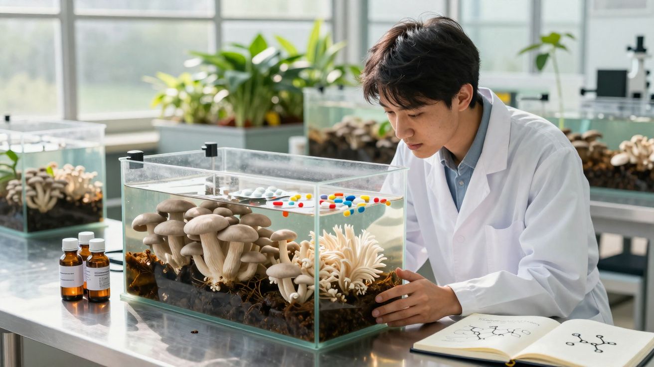 Cientista observa cogumelos em aquário de laboratório com plantas e frascos ao redor.