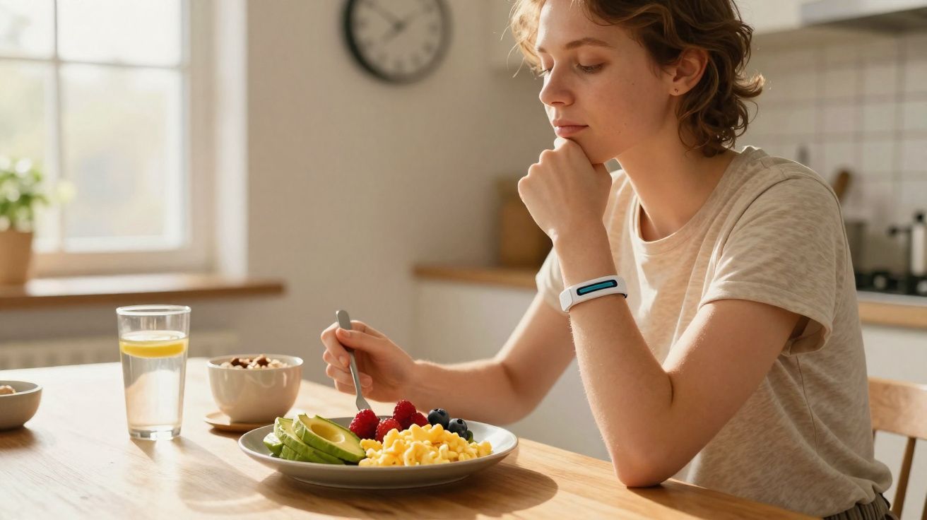 Mulher jovem a comer uma refeição saudável com fruta, ovos mexidos e água com limão numa cozinha iluminada.