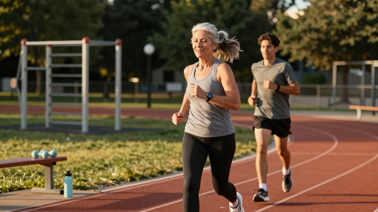 Mulher e homem a correr numa pista de atletismo ao ar livre ao amanhecer.