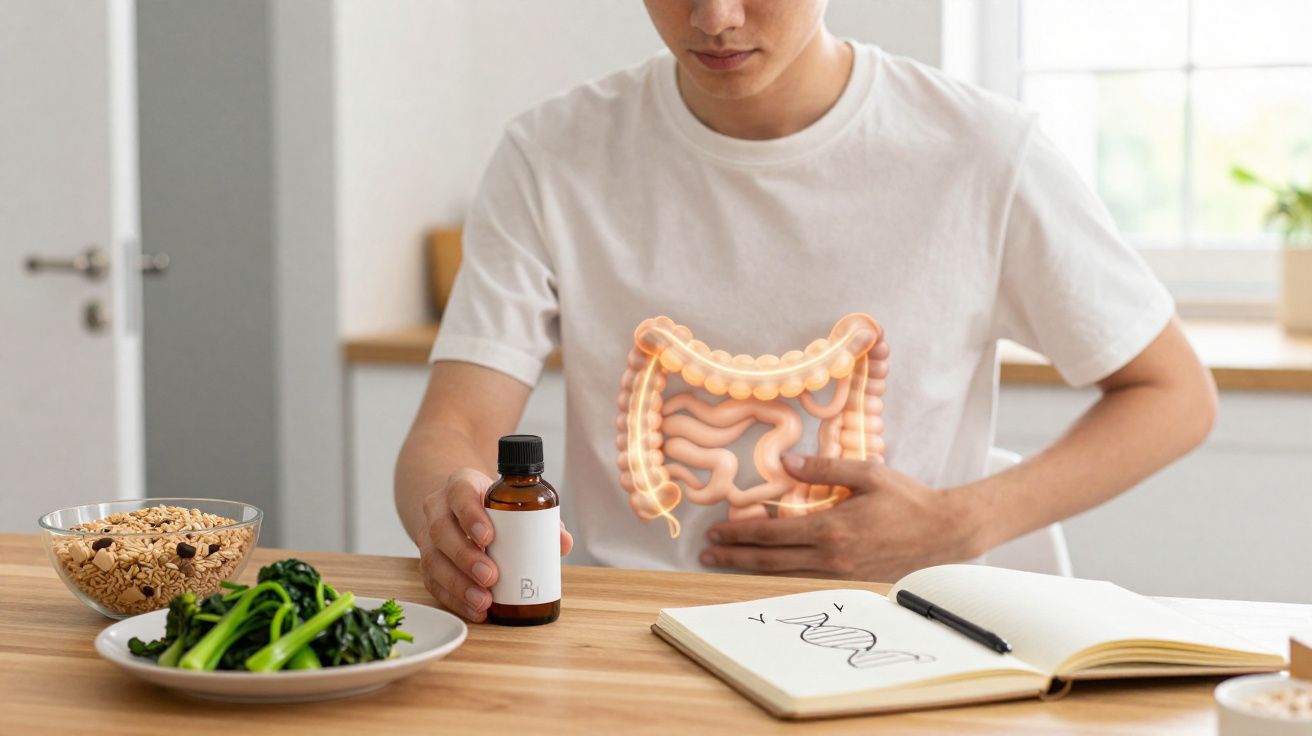 Pessoa segura frasco de suplemento ao lado de alimentos saudáveis com intestino ilustrado no corpo.