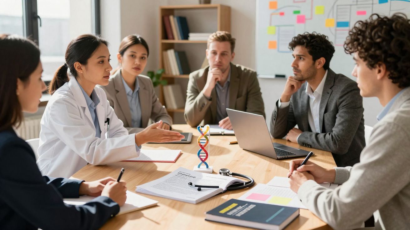 Grupo de profissionais numa reunião médica com modelo de DNA e material de estudo numa mesa.