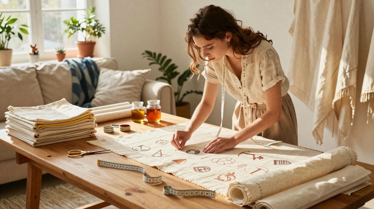 Mulher desenha padrões de costura em tecido estendido numa mesa de madeira num ambiente iluminado.