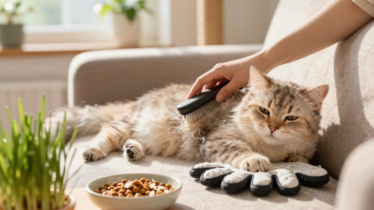 Gato cinzento a ser escovado no sofá perto de uma tigela de comida e planta em vaso.