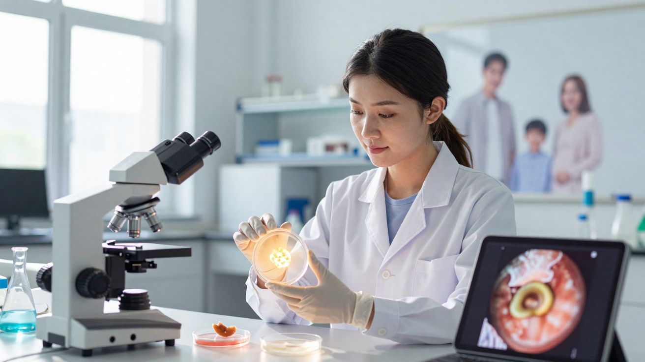 Cientista mulher a analisar cultura de microrganismos em laboratório com equipamento e monitor digital.