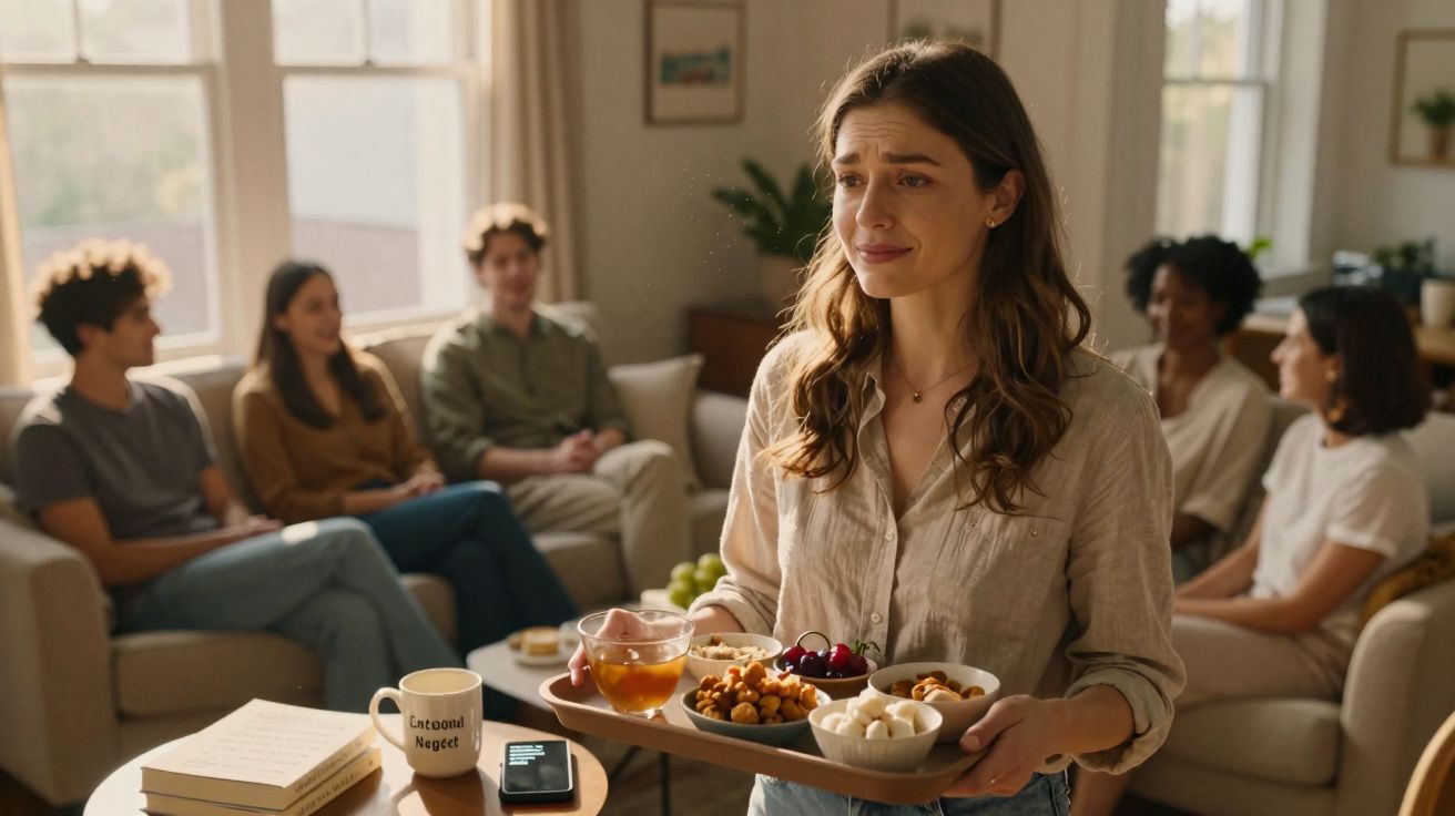 Mulher sorrindo timidamente com tabuleiro de snacks enquanto grupo relaxa no sofá ao fundo.