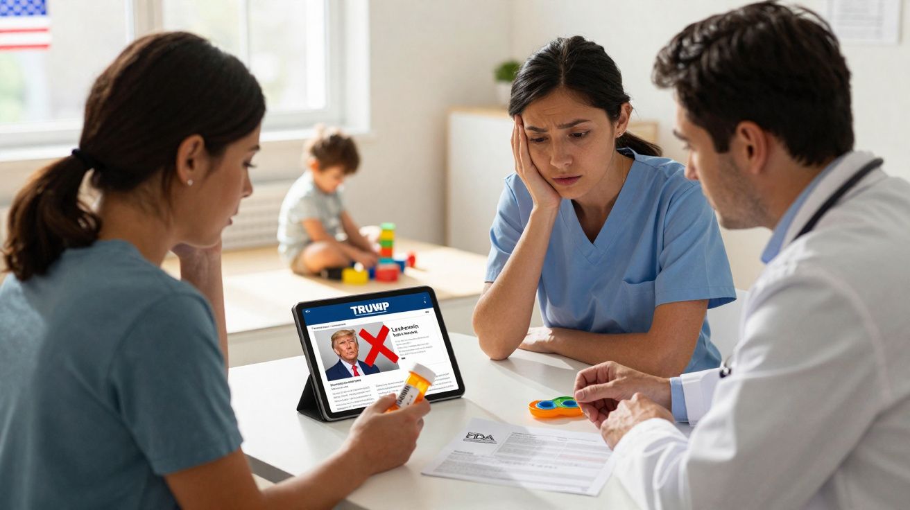 Profissionais de saúde reunidos à mesa, preocupados, com notícias e medicamentos numa sala clara.