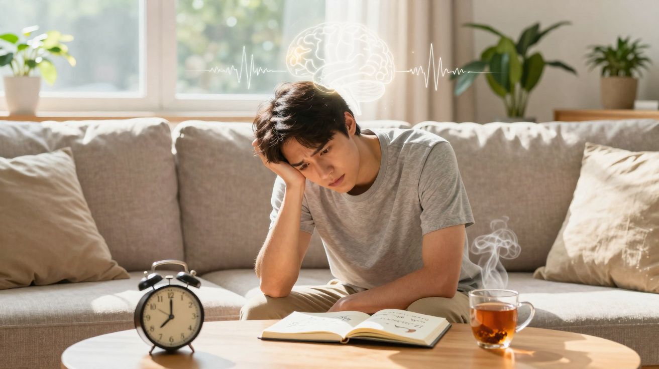 Jovem sentado no sofá com expressão pensativa, livro aberto e chá quente sobre a mesa à sua frente.