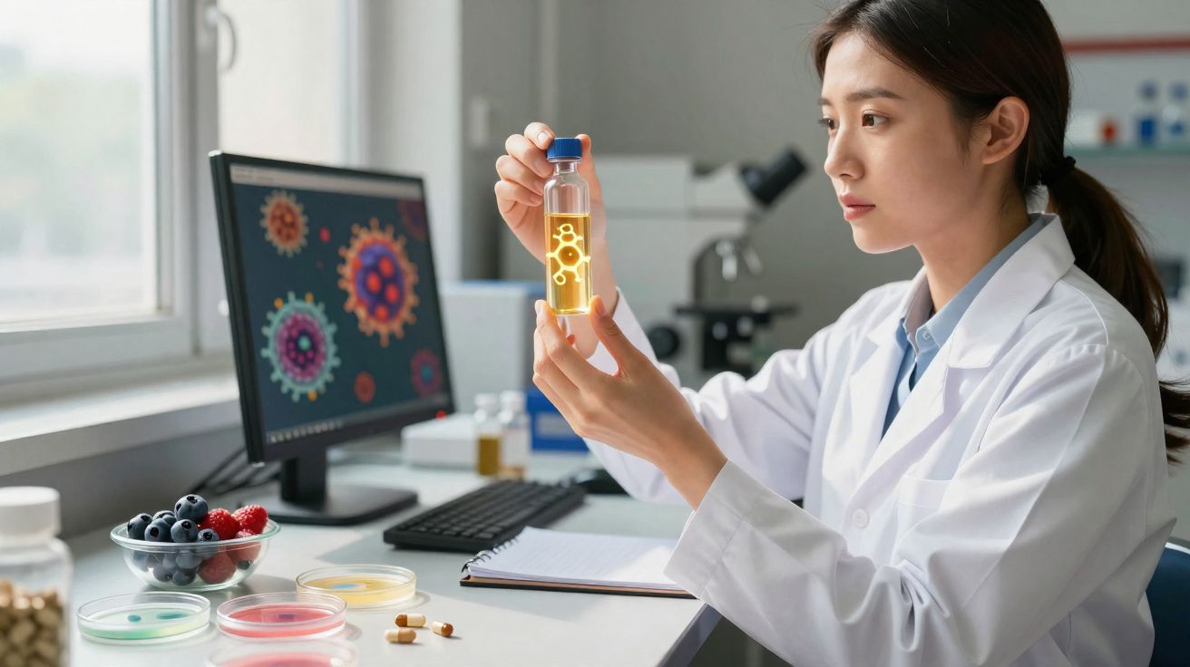 Cientista analisando amostra líquida num frasco sob pesquisa em laboratório com imagens de vírus no ecrã.