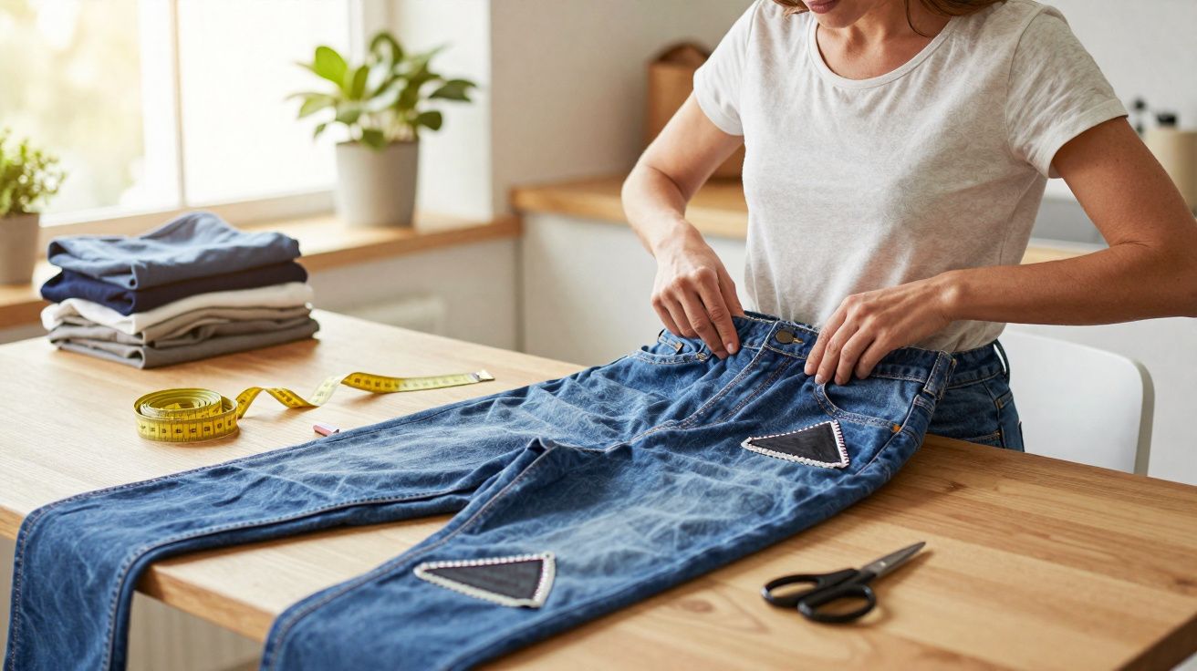 Pessoa a fechar calças de ganga com remendos em casa, com fita métrica e tesoura na mesa de madeira.
