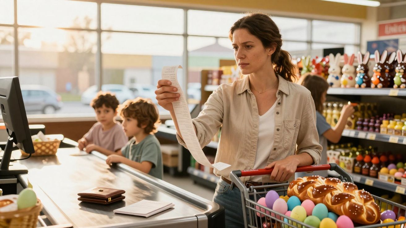 Mulher verifica o talão de compras no supermercado com carrinho cheio de ovos coloridos e pão doce.