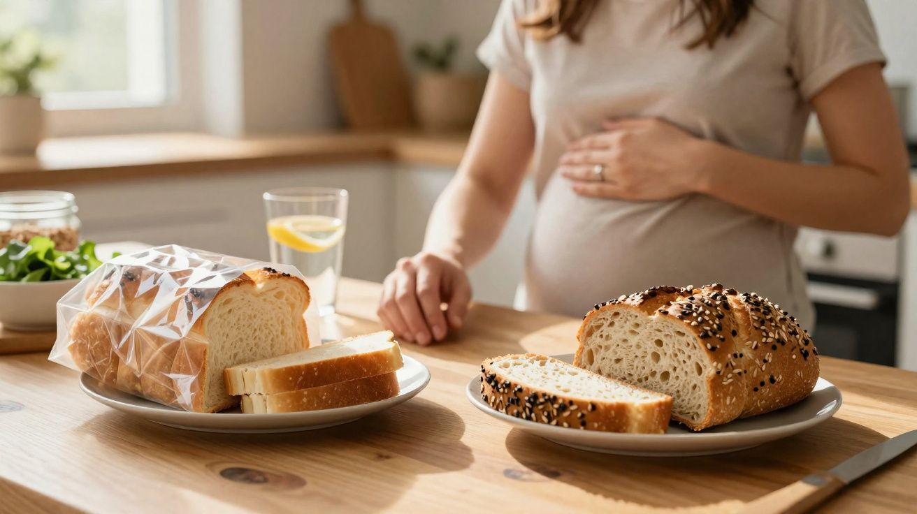 Mulher grávida toca a barriga junto a uma mesa com pão fatiado e um copo de água com limão.