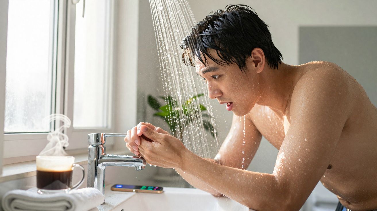 Homem a tomar banho de chuveiro, a lavar as mãos numa casa de banho iluminada por janela.