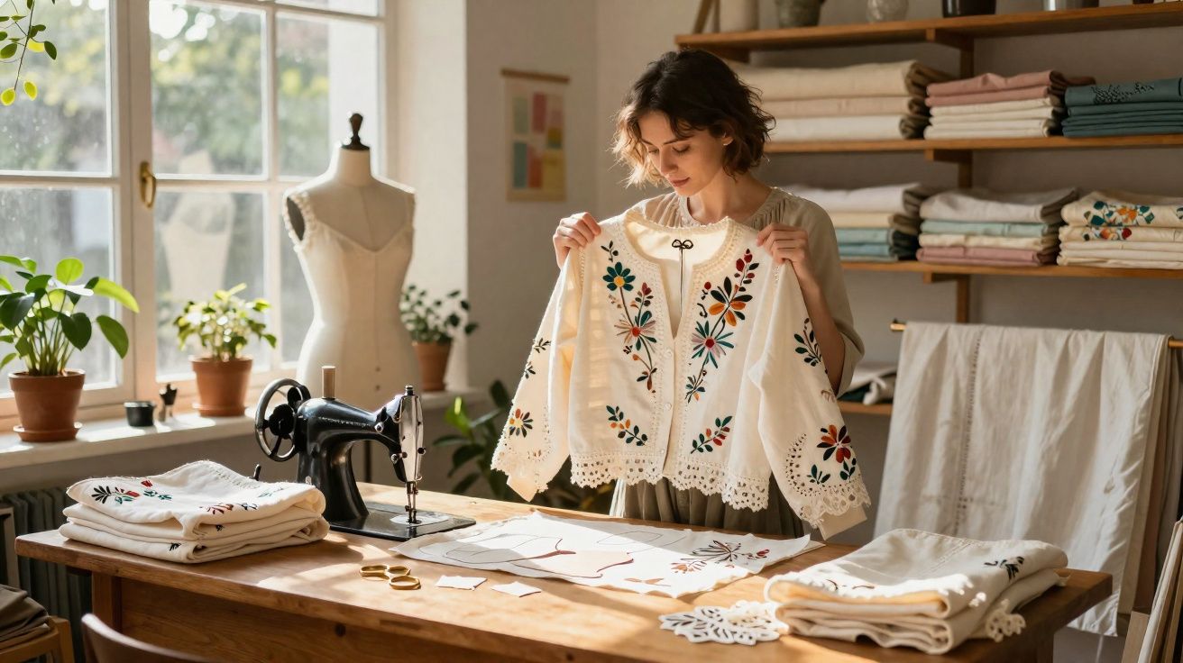 Mulher a segurar blusa bordada num atelier de costura com máquina e tecidos sobre a mesa.