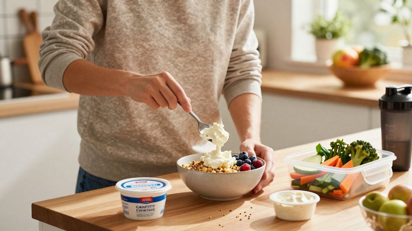Pessoa a colocar iogurte numa taça com granola e frutos vermelhos numa cozinha luminosa.