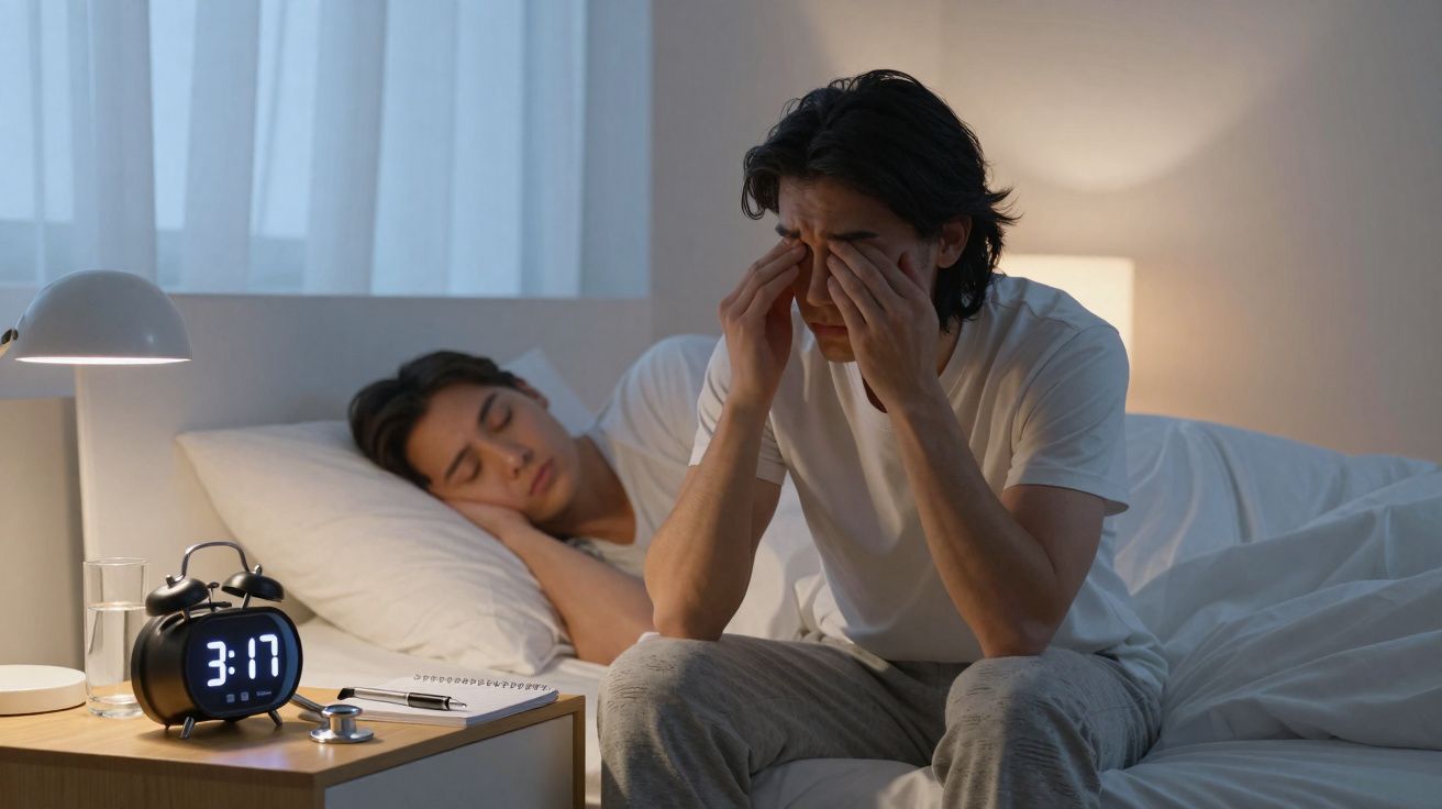 Homem acordado sentado na cama esfregando os olhos enquanto mulher dorme ao fundo no quarto.