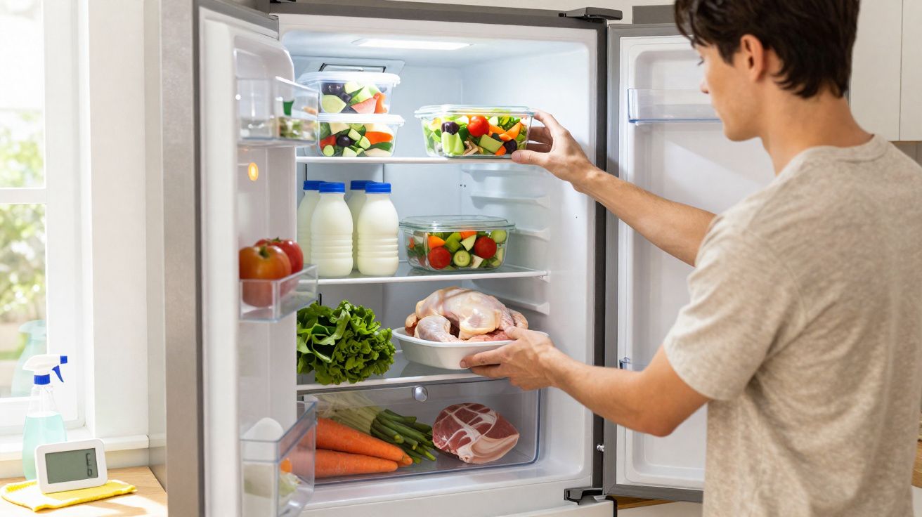 Pessoa a organizar saladas e carne numa frigorífico cheio de vegetais, lacticínios e legumes frescos.