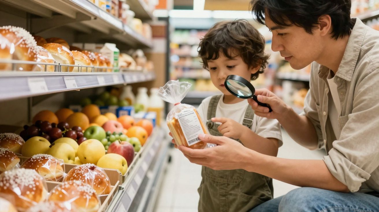 Pai e filho com lupa a ler rótulo de pão num supermercado, com frutas e pão em prateleiras ao lado.