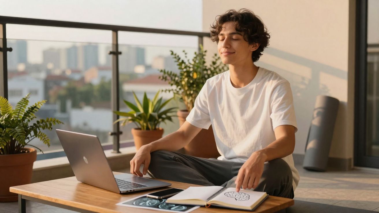 Jovem sentado de pernas cruzadas numa varanda, meditativo, com computador, caderno e plantas ao redor.