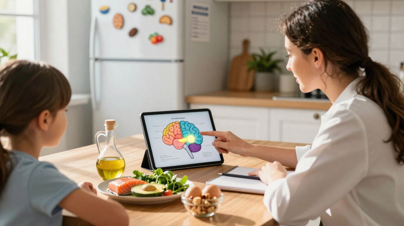 Mulher mostra cérebro colorido num tablet para criança, enquanto refeições saudáveis estão na mesa da cozinha.