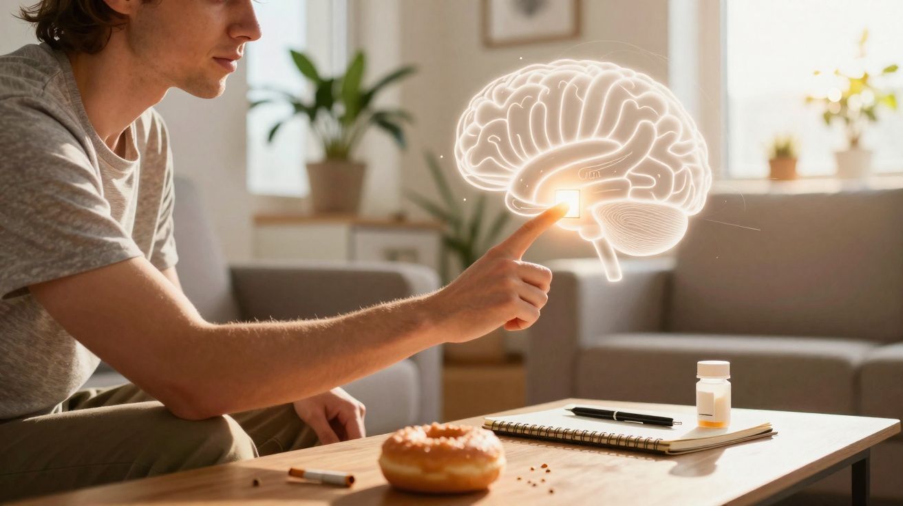 Pessoa sentada a apontar para uma ilustração digital de cérebro iluminado numa sala com sofá e planta.