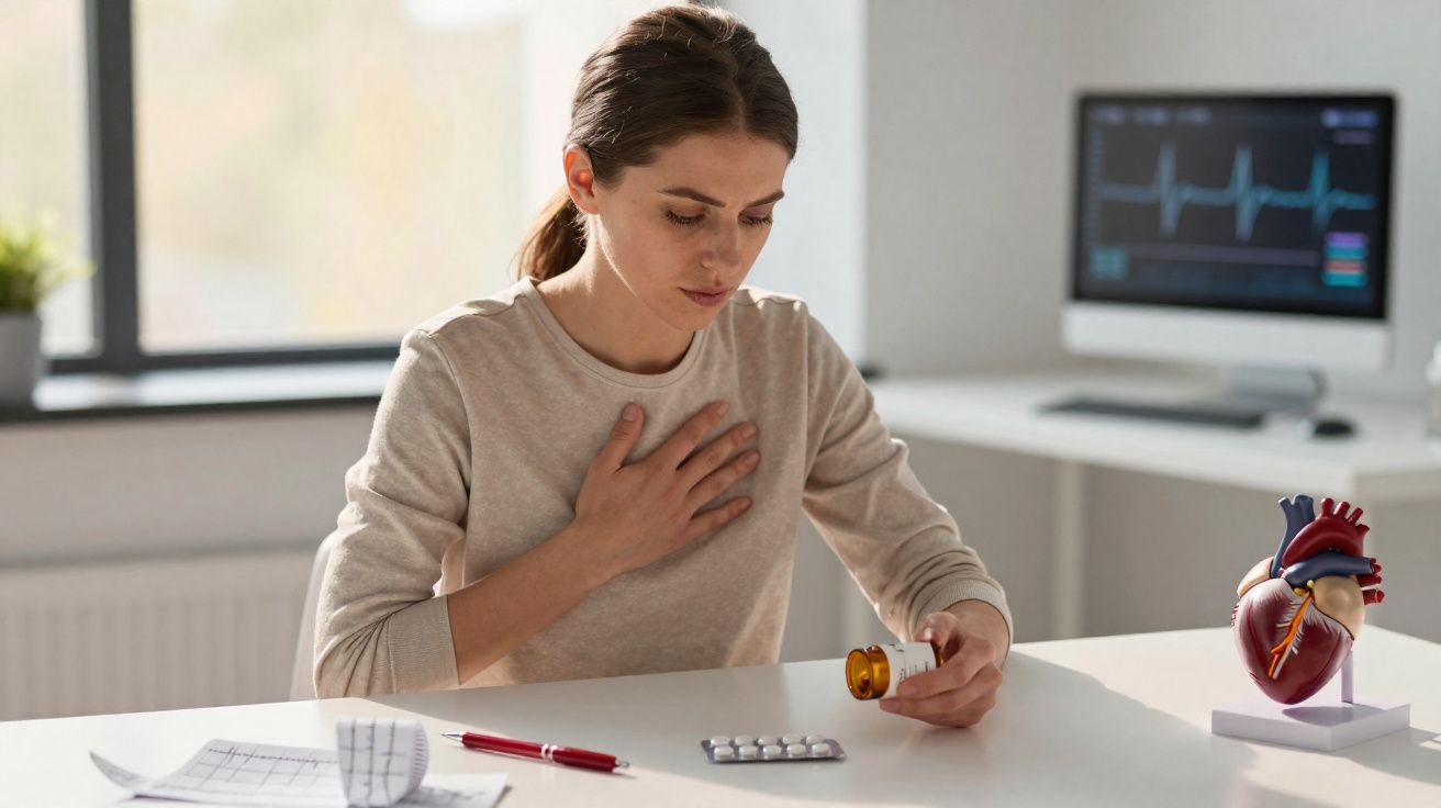Mulher sente dor no peito enquanto segura frasco de comprimidos sentada à mesa com modelo de coração e ecg ao fundo.