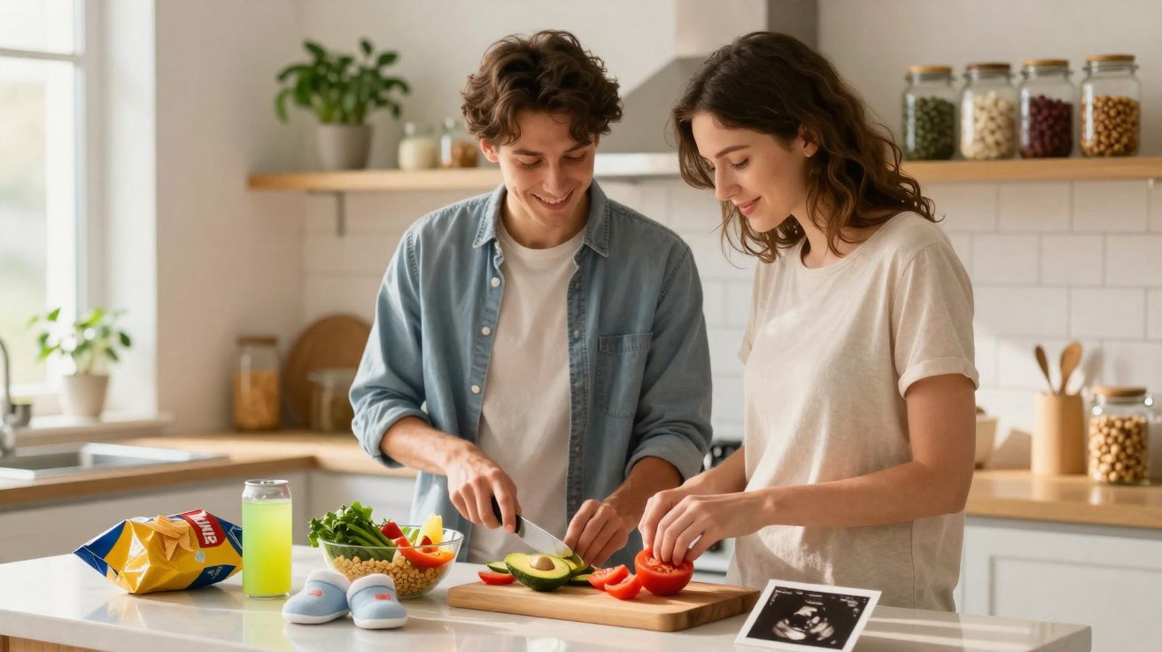 Casal jovem prepara legumes na cozinha, com foto ecográfica e sapatinhos de bebé na bancada.