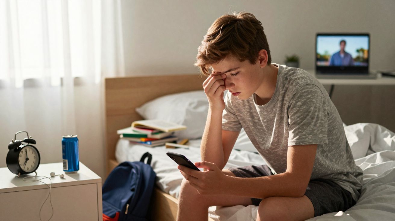 Adolescente sentado na cama a olhar preocupado para o telemóvel num quarto arrumado e iluminado.