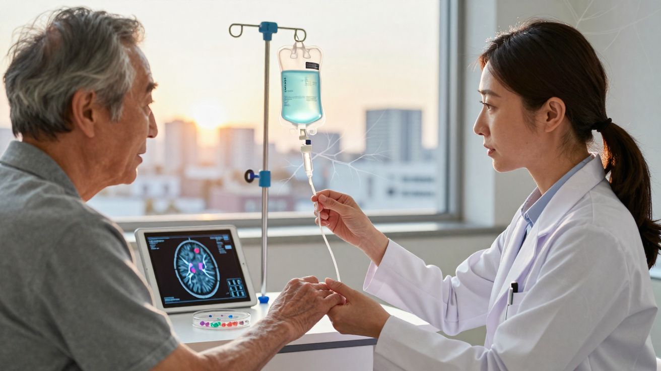 Médica segura mão de paciente idoso com gotejamento em clínica com imagem cerebral num monitor ao fundo.