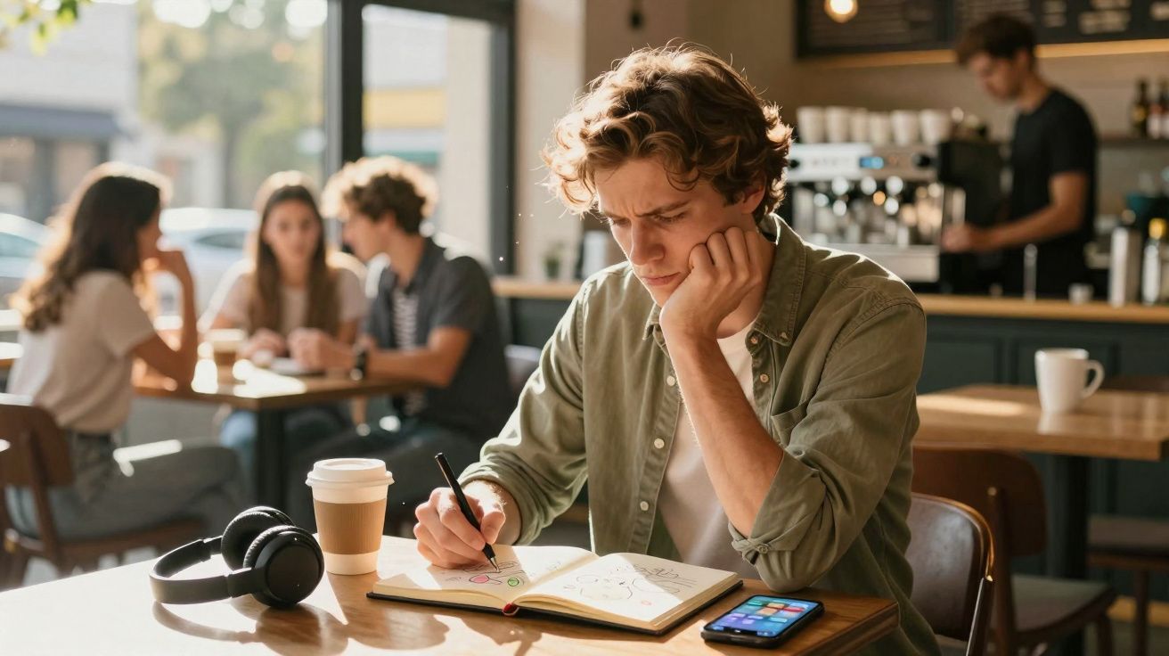 Jovem sentado num café a fazer anotações num caderno com auscultadores e telemóvel na mesa.