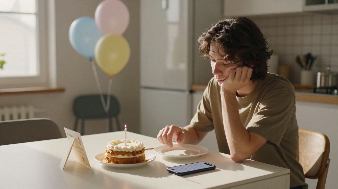 Jovem sentado sozinho a olhar para um bolo de aniversário com vela acesa numa cozinha decorada com balões.