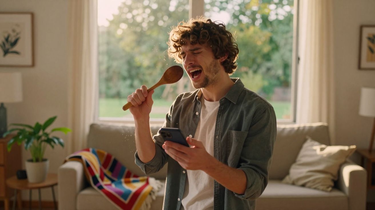 Homem jovem a cantar com uma colher como se fosse microfone, numa sala iluminada e acolhedora.