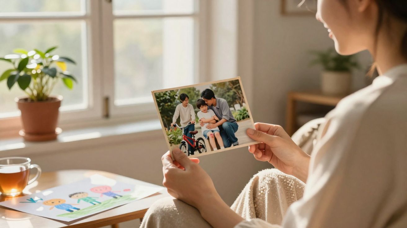 Pessoa a segurar uma fotografia familiar, sentada perto de uma janela com chá e um desenho colorido na mesa.