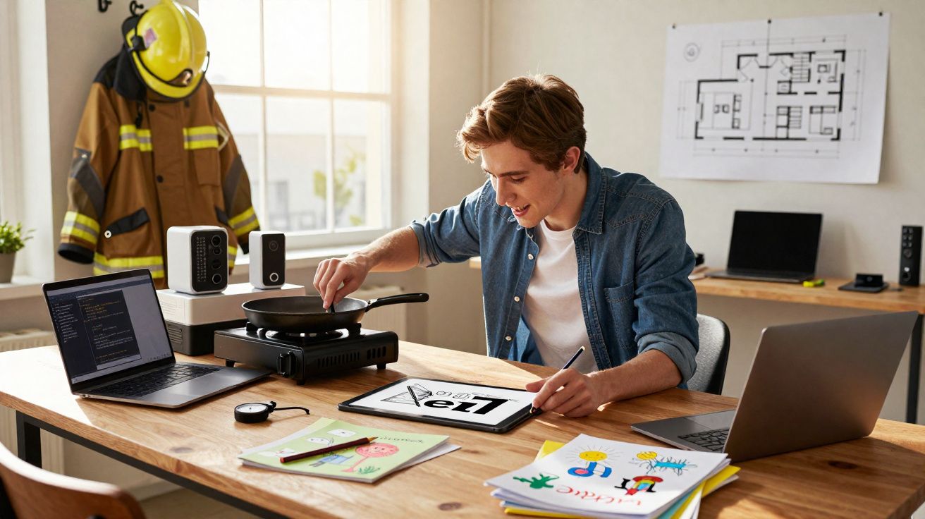 Jovem a cozinhar com fogão portátil numa mesa cheia de dispositivos eletrónicos e desenhos técnicos.