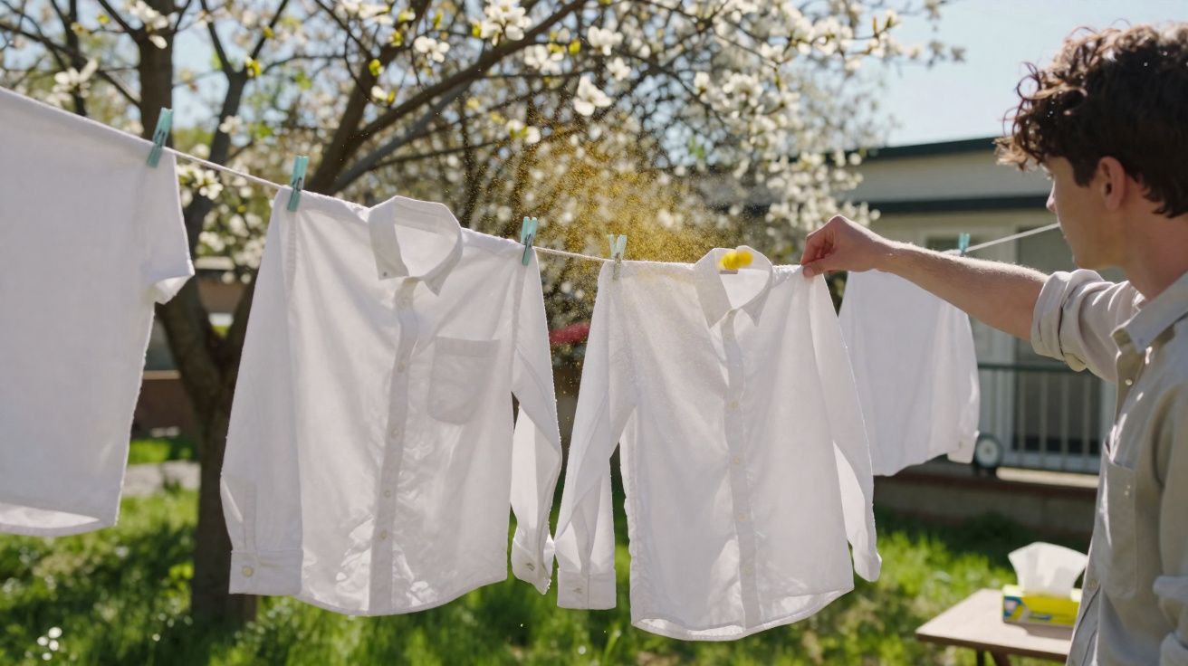 Homem a estender camisas brancas num estendal ao ar livre num dia ensolarado de primavera.