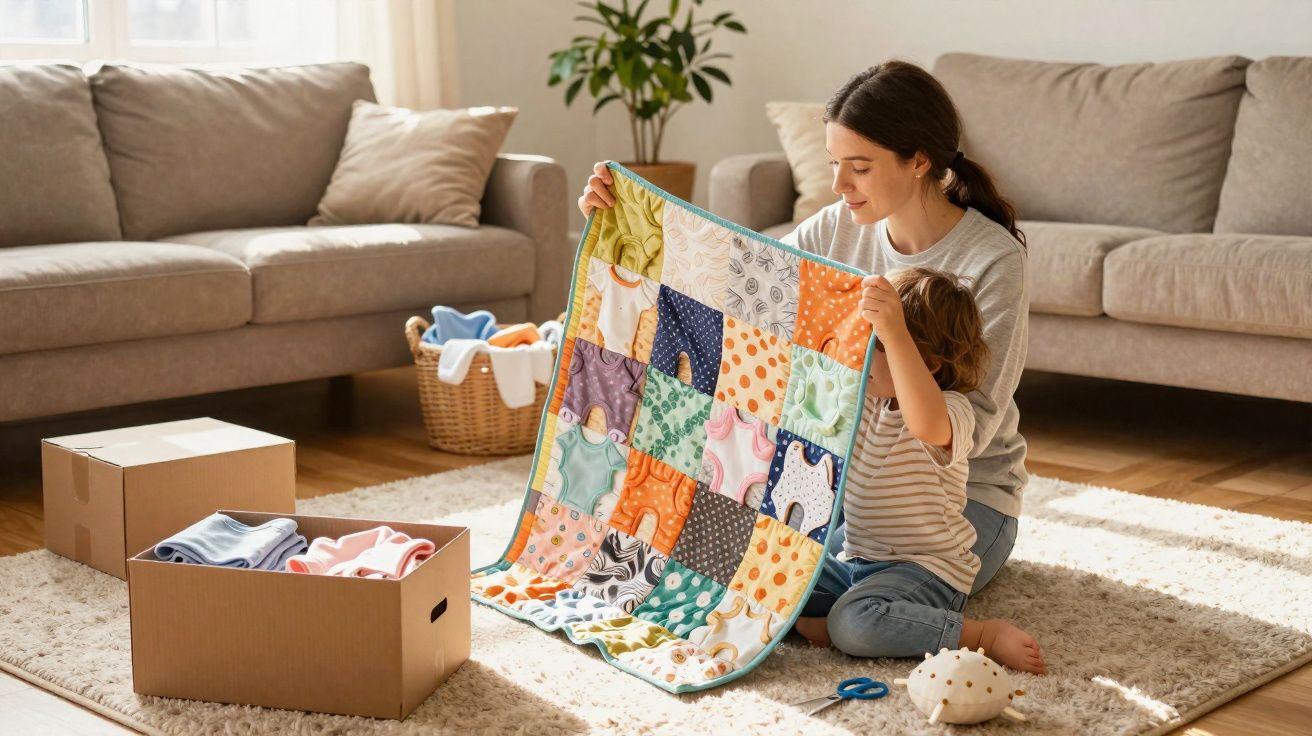 Mãe e filho sentados no chão a mostrar uma manta colorida feita de retalhos num sala iluminada.
