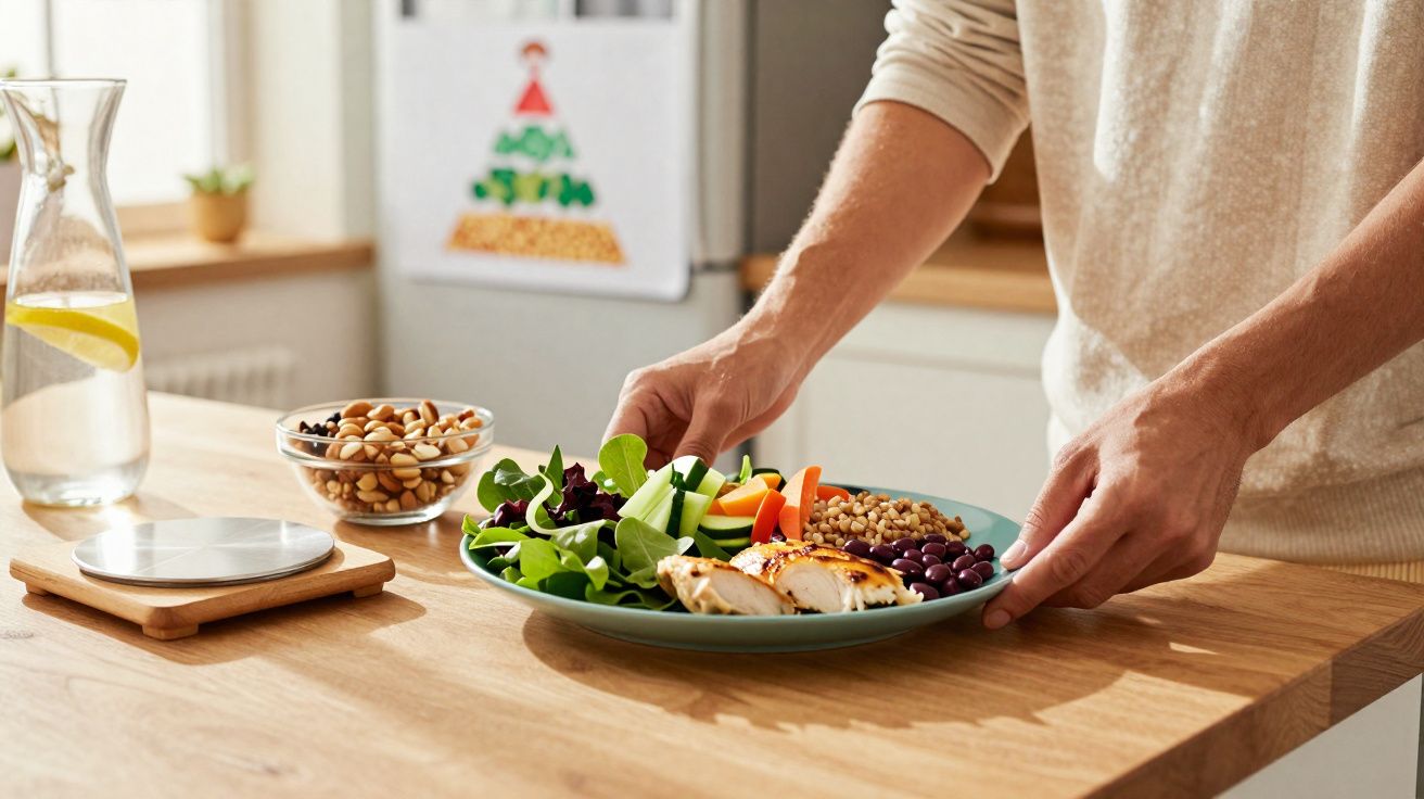 Pessoa a colocar prato com salada, frango grelhado, feijão e grãos numa mesa de cozinha iluminada.