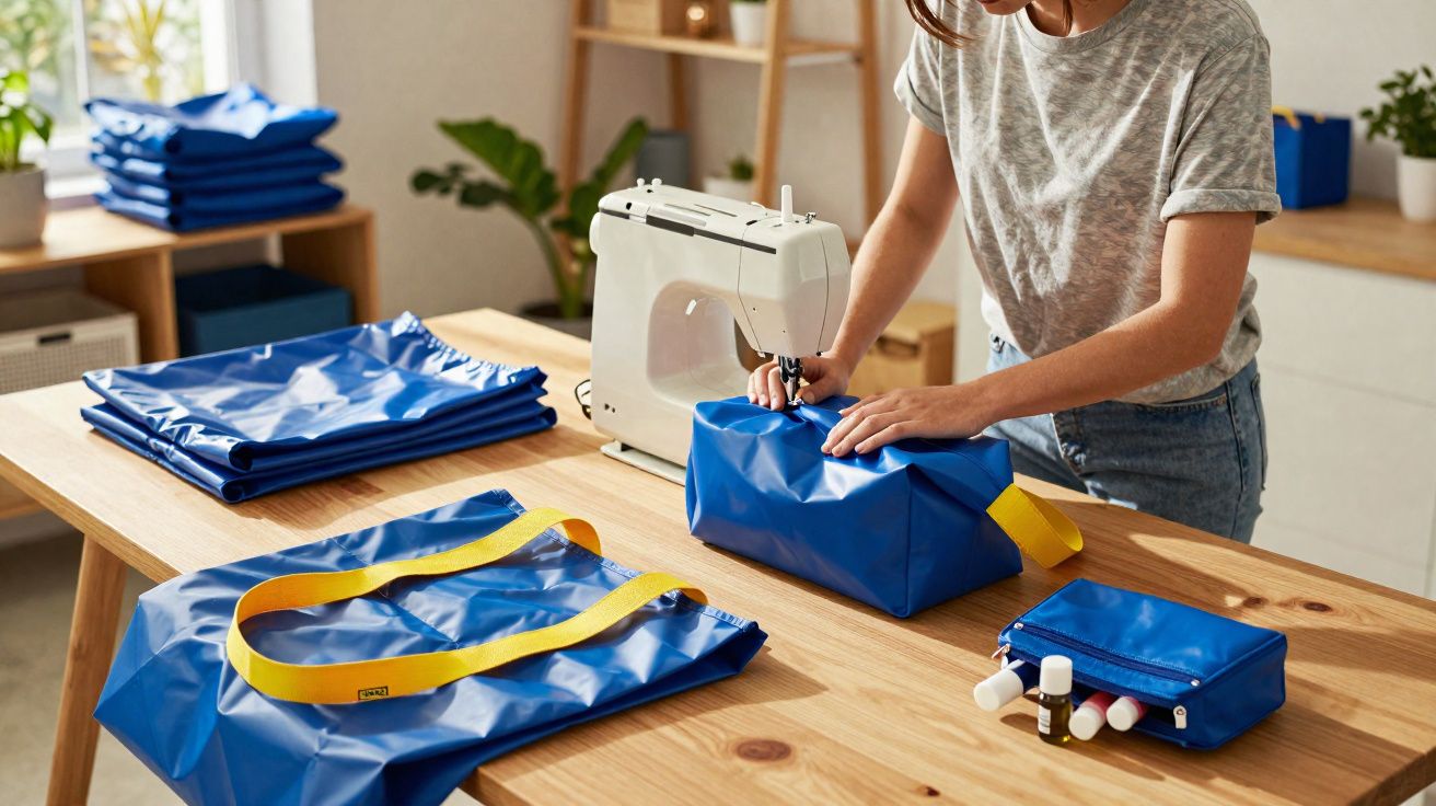 Pessoa a costurar saco azul com máquina num ambiente de atelier com bolsas azuis sobre mesa de madeira clara.