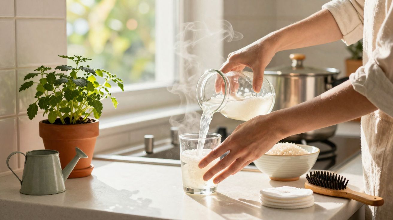 Mãos a verter líquido branco num copo numa cozinha clara com planta, regador e utensílios no balcão.