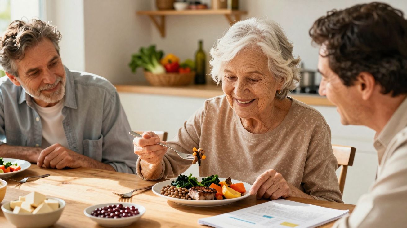 Senhora idosa a comer uma refeição saudável com duas pessoas à sua volta numa cozinha iluminada.