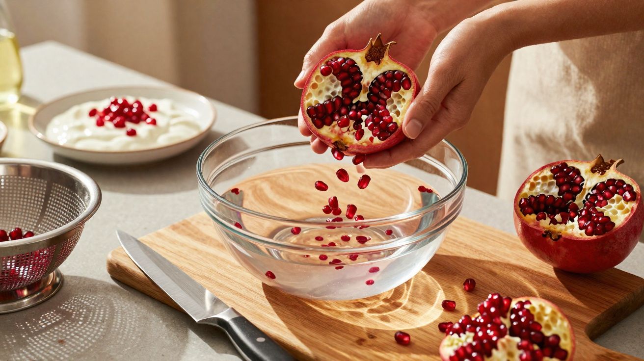 Mãos a esventrar romã sobre tigela de vidro numa tábua de cortar com faca e outros frutos.