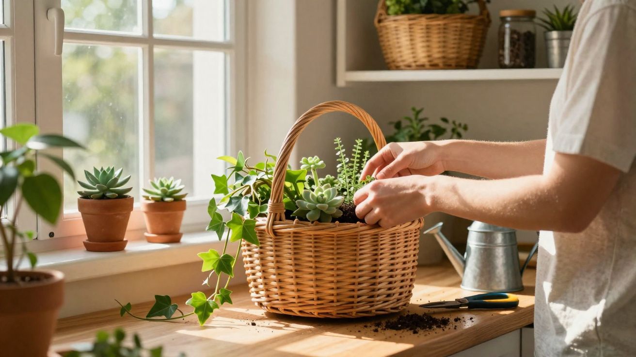 Pessoa cuidando de plantas suculentas num cesto de vime junto à janela com luz natural.